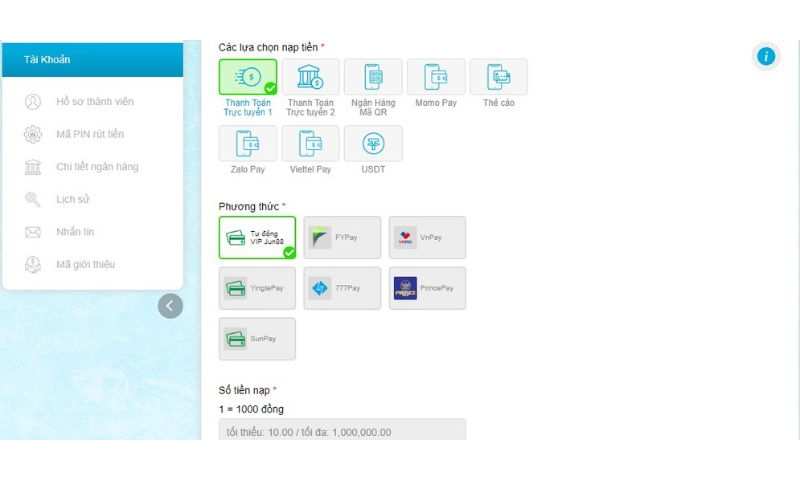 Chọn phương pháp nạp tiền Vsports